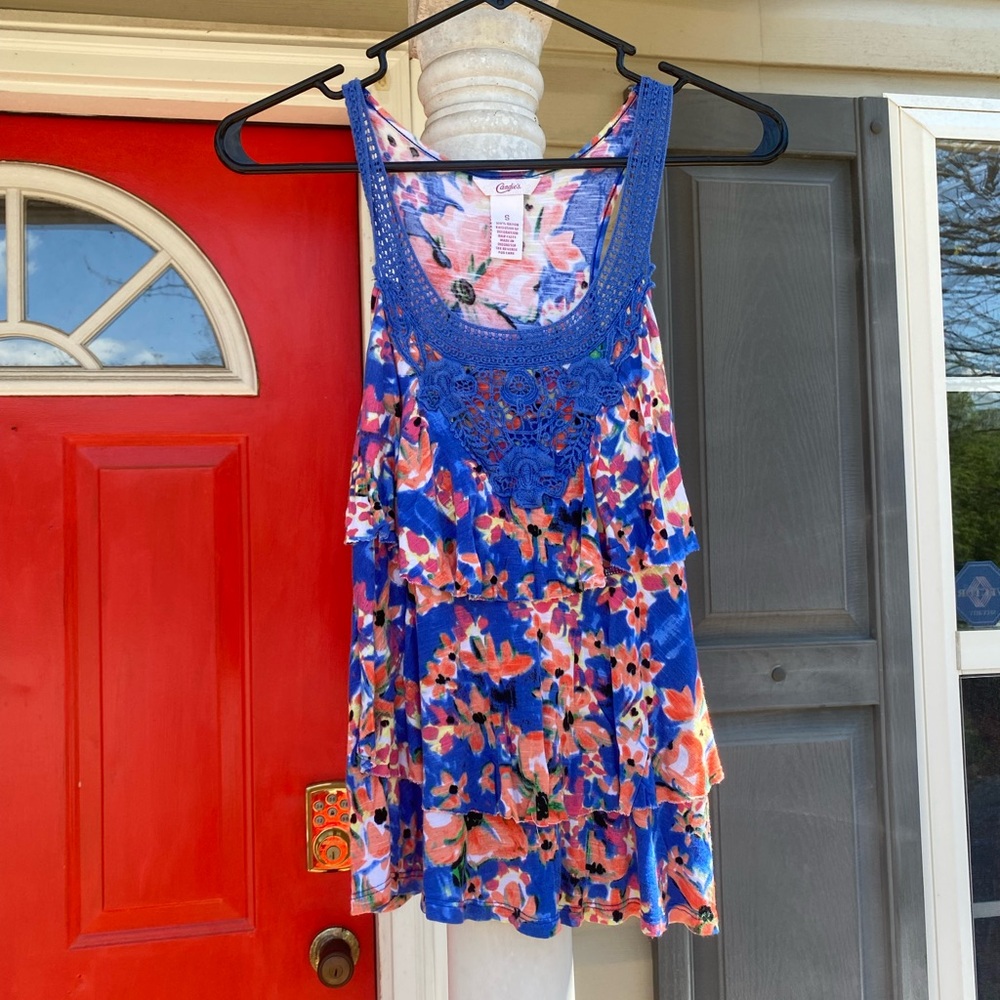 Floral Sleeveless Top with Blue Lace Detail